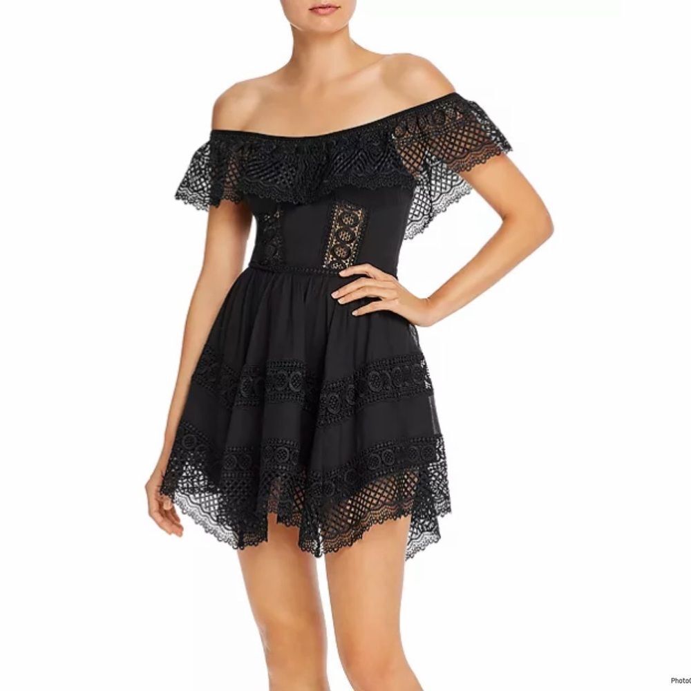 Charo Ruiz Ibiza Vaiana Off-the-Shoulder Crochet Lagoon Resort Black Dress Sz S